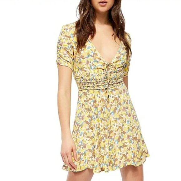 NWT FREE PEOPLE Forget Me Not Mini Dress LILLY COMBO YELLOW FLORAL size 0 Boho - Picture 1 of 11